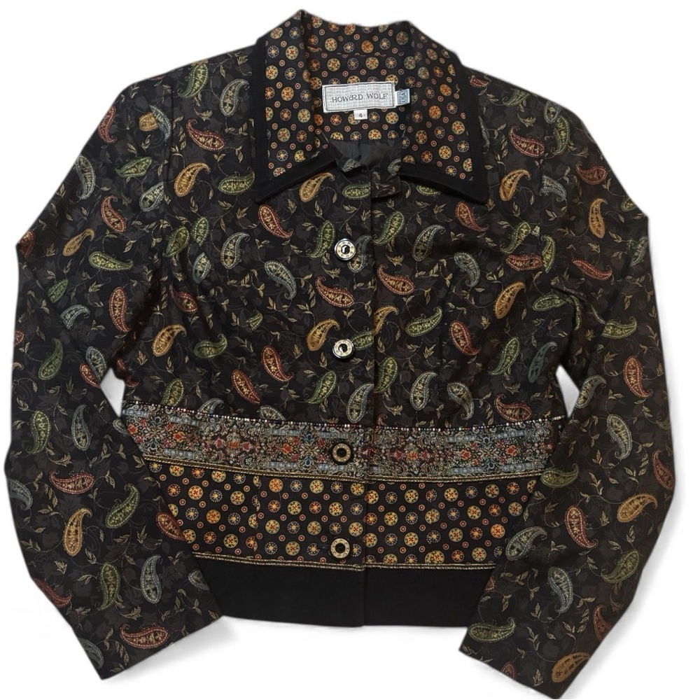 Howard Wolf Vintage Paisley Tapestry Button Jacket Black Multi Made in USA 4